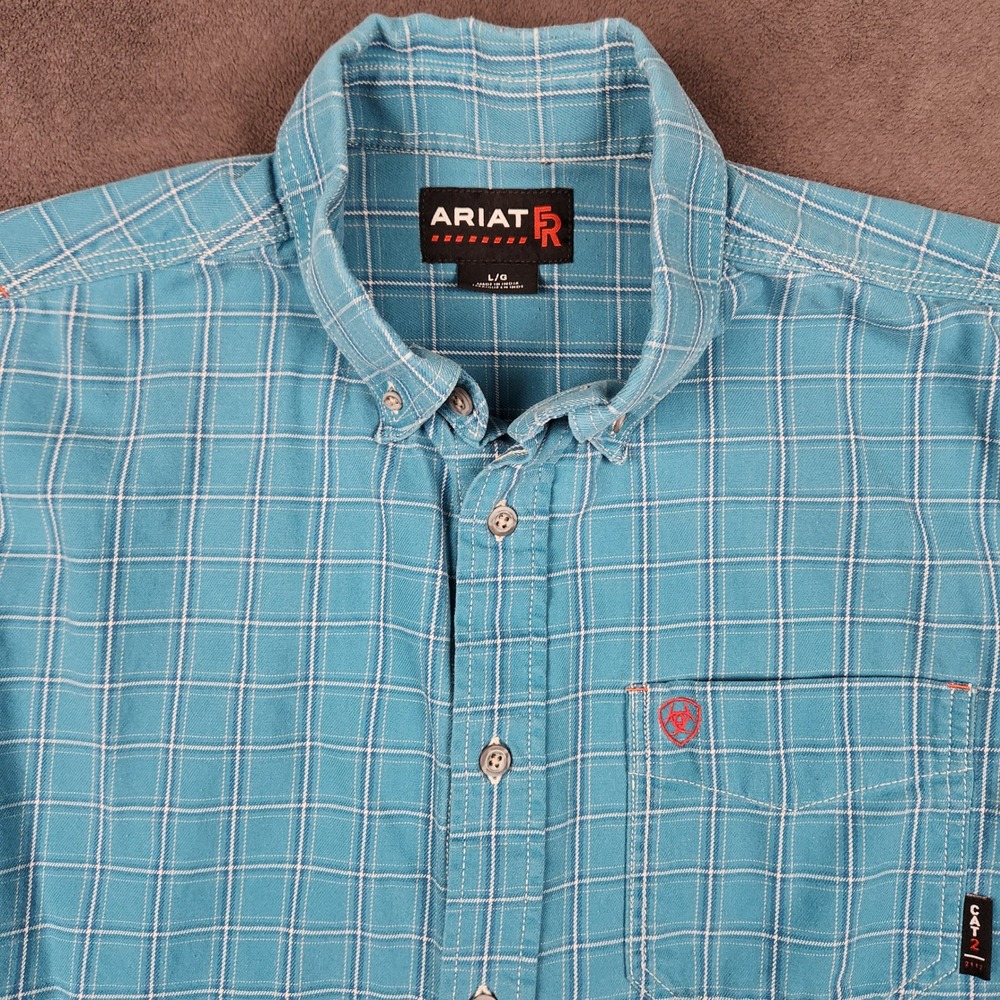 Ariat FR Work Shirt Mens Large Teal Blue White Plaid Flame Resistant 10023959
